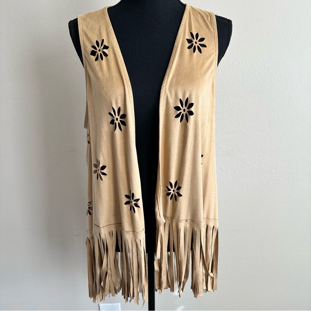 Love Fire Faux Suede Tan Fringe Vest‎ Laser Cut 0X/1X Boho Festival Western